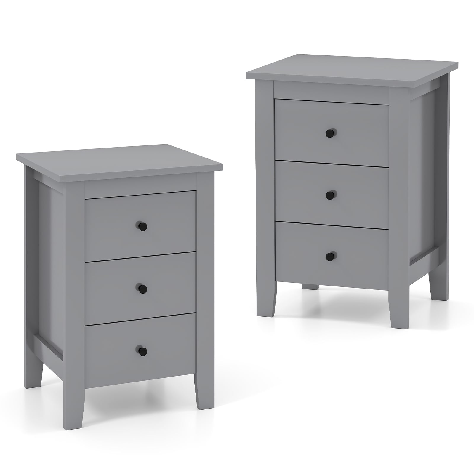 Wooden Nightstand Set of 2 with 3 Drawers and Stable Structure-Grey