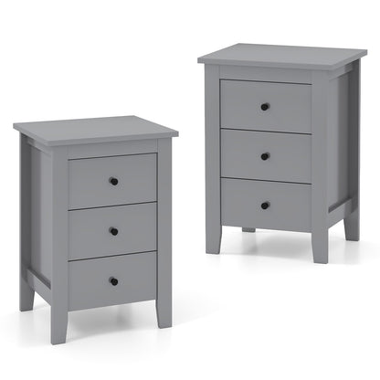 Wooden Nightstand Set of 2 with 3 Drawers and Stable Structure-Grey