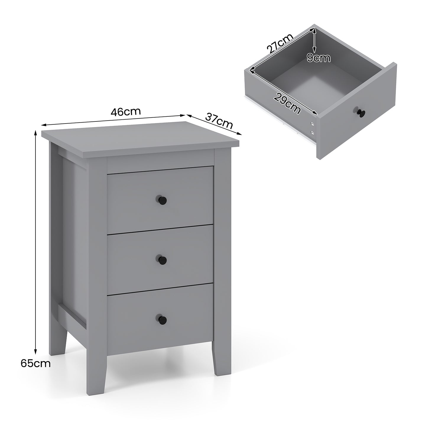 Wooden Nightstand Set of 2 with 3 Drawers and Stable Structure-Grey