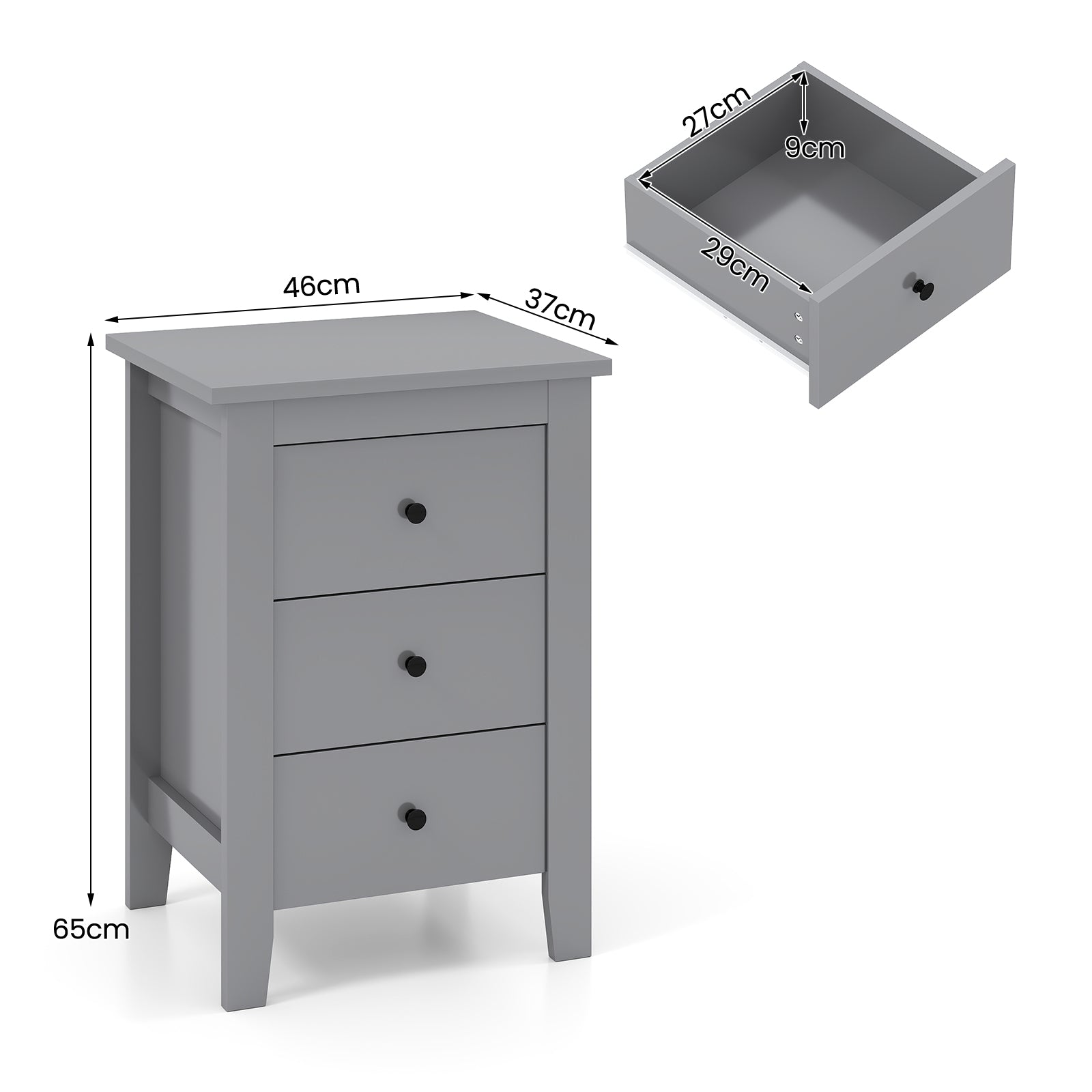 Wooden Nightstand Set of 2 with 3 Drawers and Stable Structure-Grey