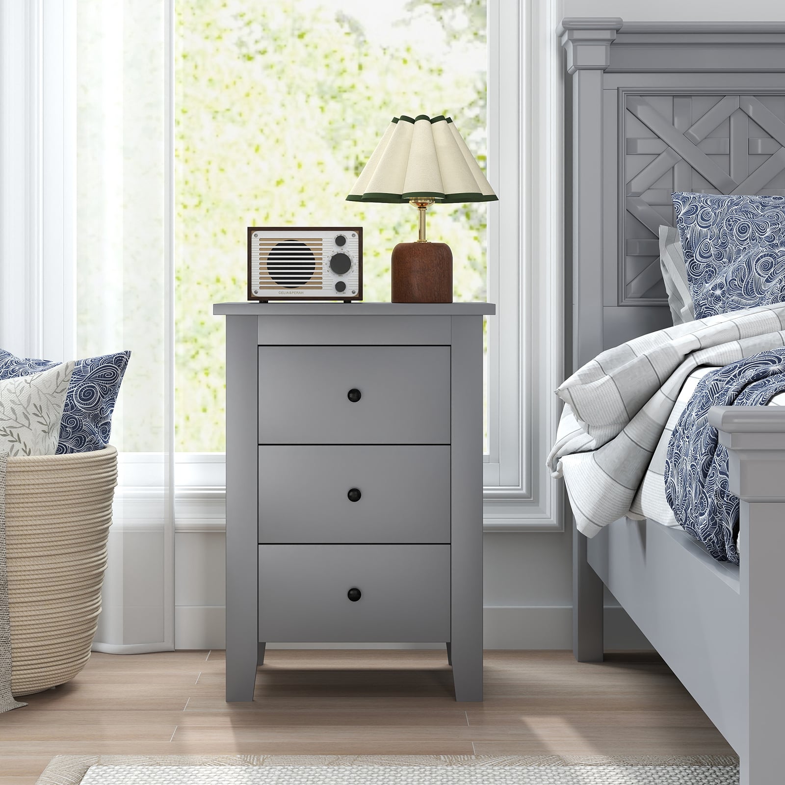 Wooden Nightstand Set of 2 with 3 Drawers and Stable Structure-Grey