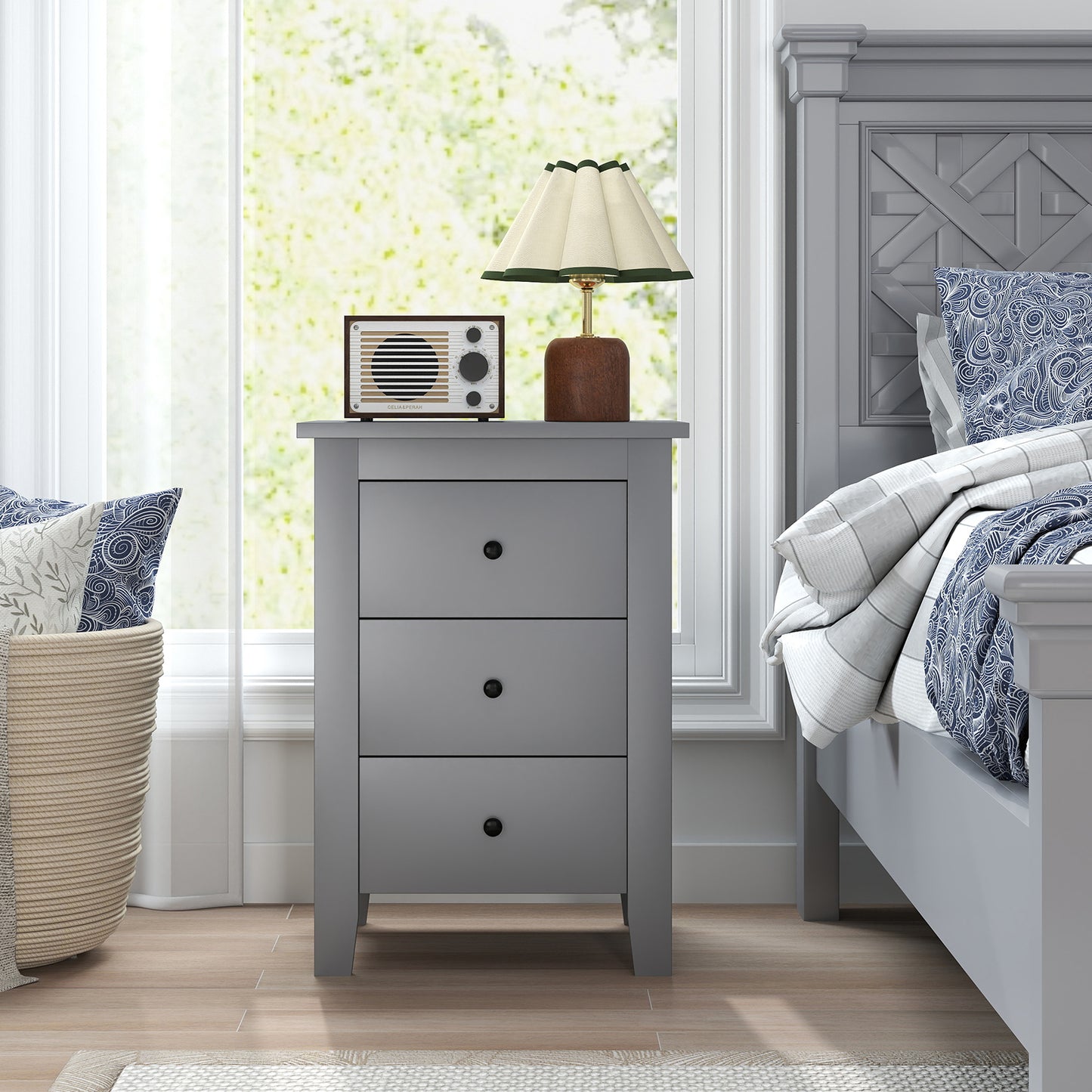 Wooden Nightstand Set of 2 with 3 Drawers and Stable Structure-Grey