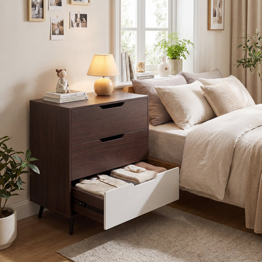 Wooden Nightstand with Anti Tipping Kits and Tall Storage for Living Room-Brown