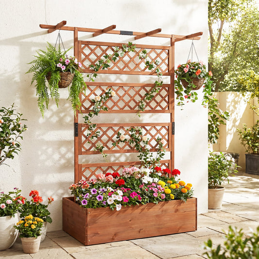 Wooden Planter Box Raised Garden Bed with Lattice Trellis-Brown