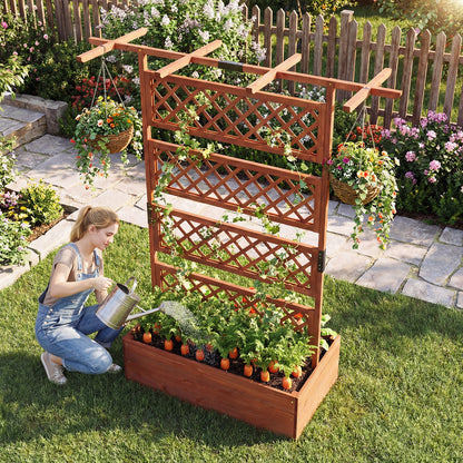 Wooden Planter Box Raised Garden Bed with Lattice Trellis-Brown