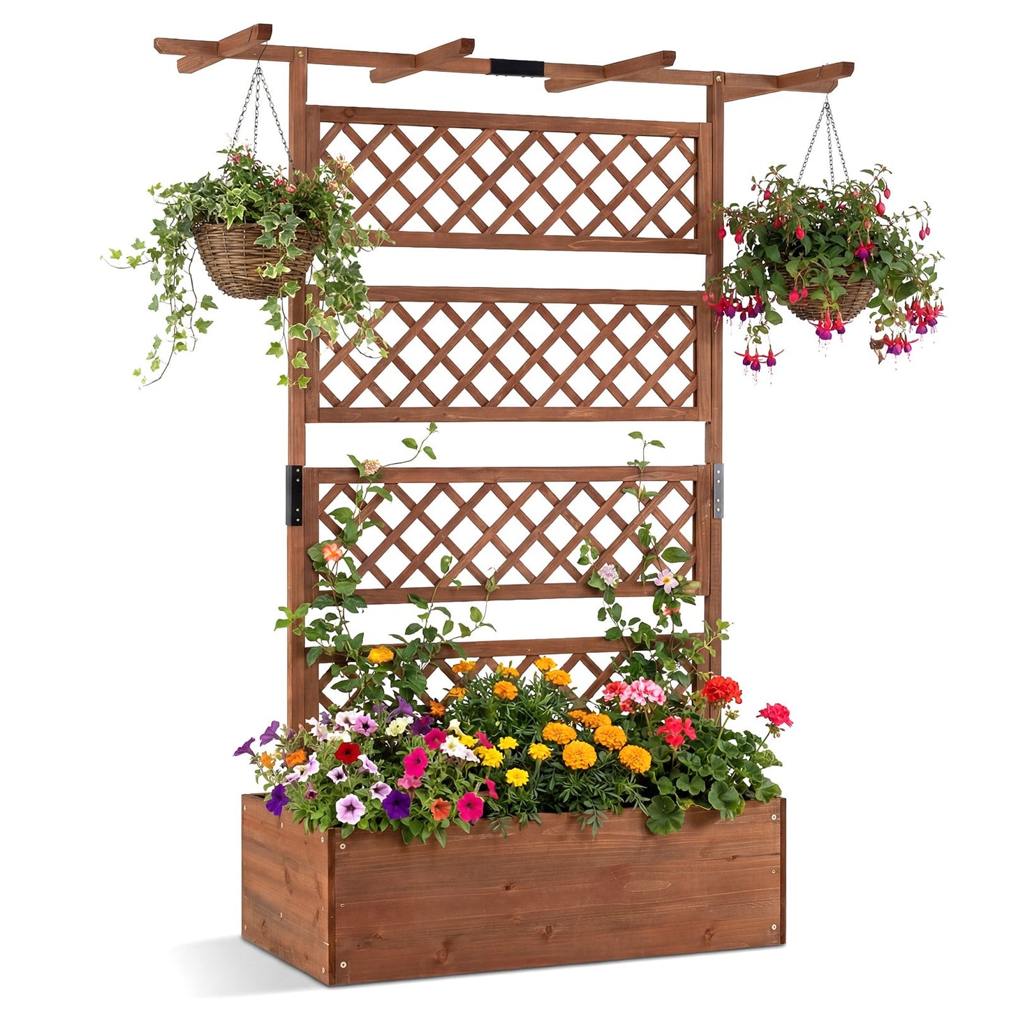 Wooden Planter Box Raised Garden Bed with Lattice Trellis-Brown