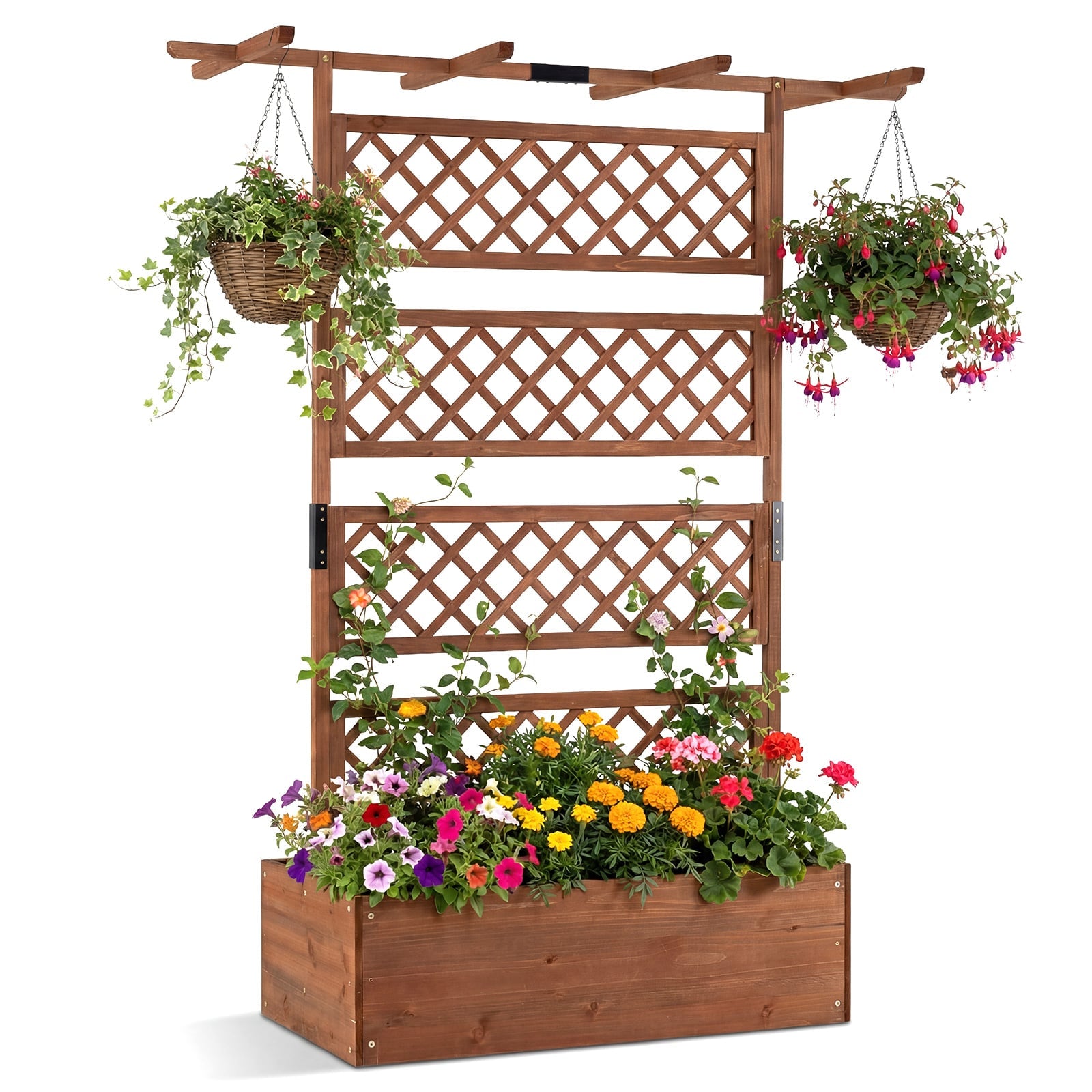 Wooden Planter Box Raised Garden Bed with Lattice Trellis-Brown