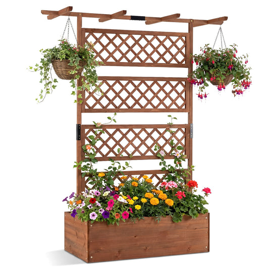 Wooden Planter Box Raised Garden Bed with Lattice Trellis-Brown