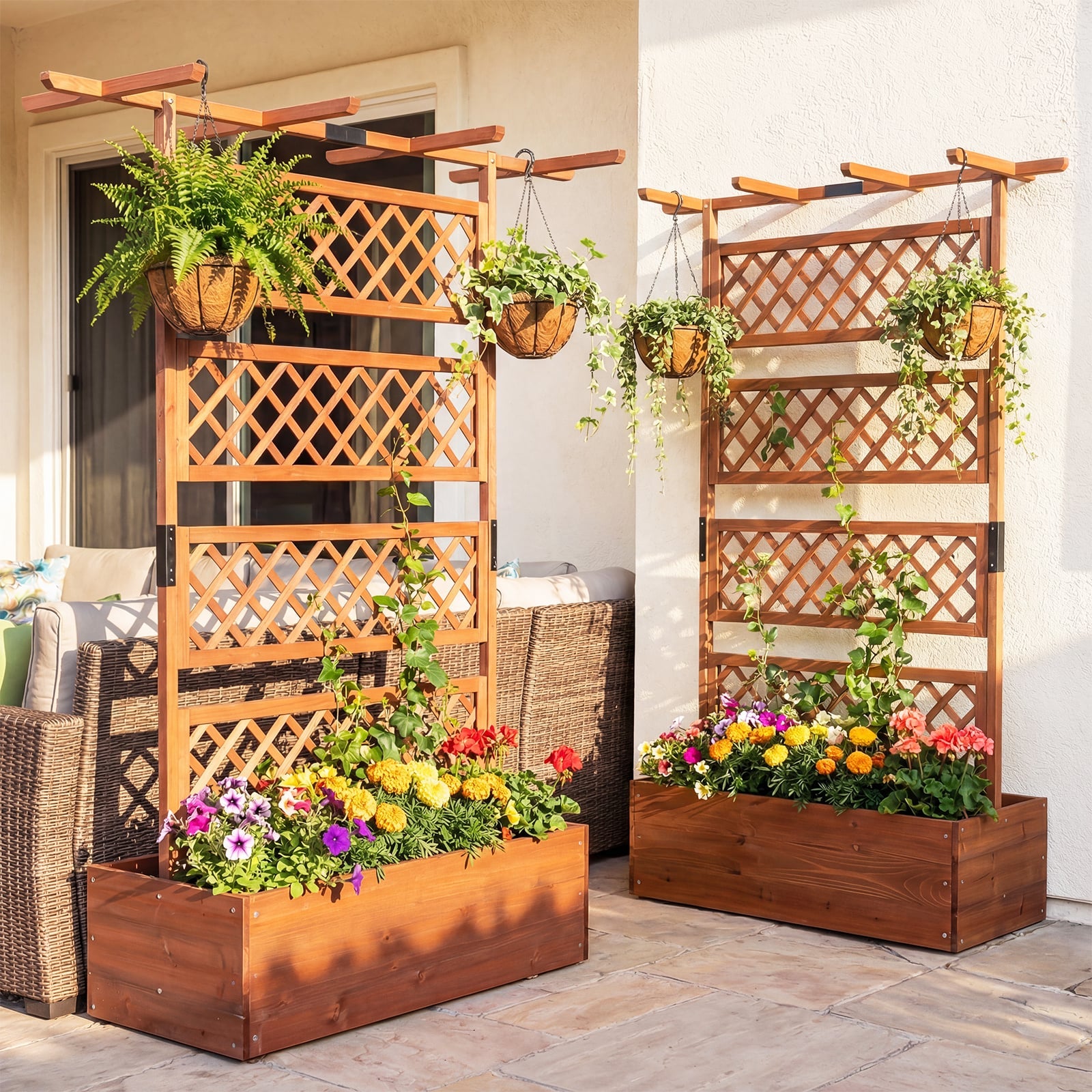 Wooden Planter Box Raised Garden Bed with Lattice Trellis-Brown