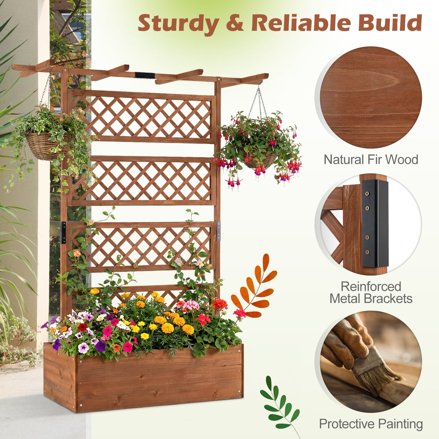 Wooden Planter Box Raised Garden Bed with Lattice Trellis-Brown