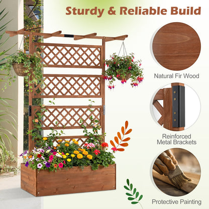 Wooden Planter Box Raised Garden Bed with Lattice Trellis-Brown