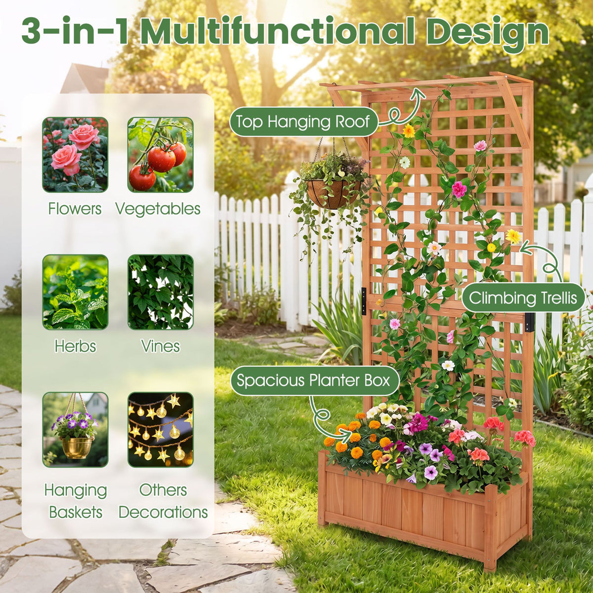 Wooden Planter Container Raised Garden Bed with Arch Trellis-Orange