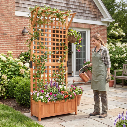 Wooden Planter Container Raised Garden Bed with Arch Trellis-Orange