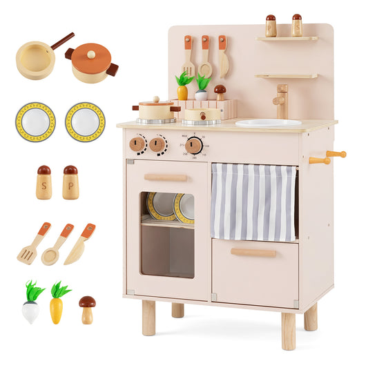 Wooden Play Kitchen Role-Play Gift for Girls and Boys Ages 3+-Beige