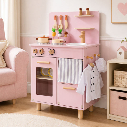 Wooden Play Kitchen Role-Play Gift for Girls and Boys Ages 3+-Pink