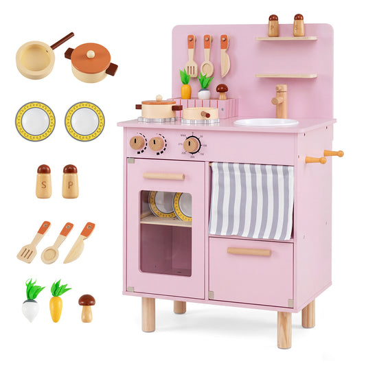 Wooden Play Kitchen Role-Play Gift for Girls and Boys Ages 3+-Pink