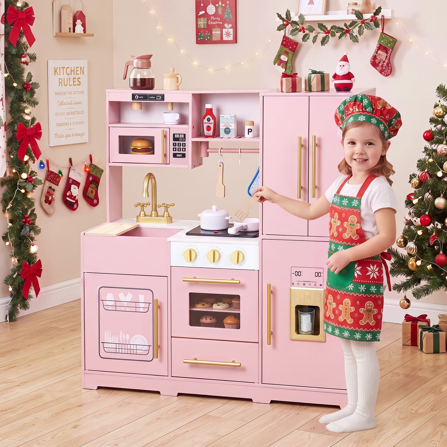 Wooden Play Kitchen for Kids with Realistic Lights and Sounds Ice Maker for Boys Girls Ages 3+-Pink