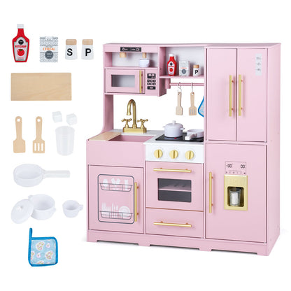 Wooden Play Kitchen for Kids with Realistic Lights and Sounds Ice Maker for Boys Girls Ages 3+-Pink