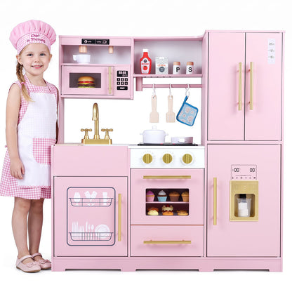 Wooden Play Kitchen for Kids with Realistic Lights and Sounds Ice Maker for Boys Girls Ages 3+-Pink