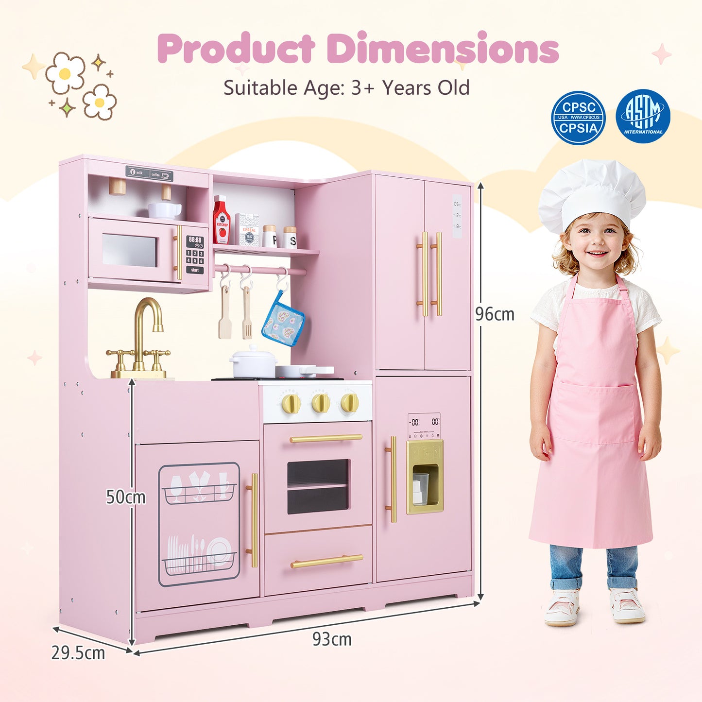 Wooden Play Kitchen for Kids with Realistic Lights and Sounds Ice Maker for Boys Girls Ages 3+-Pink