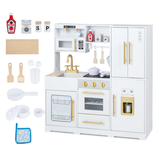 Wooden Play Kitchen for Kids with Realistic Lights and Sounds Ice Maker for Boys Girls Ages 3+-White