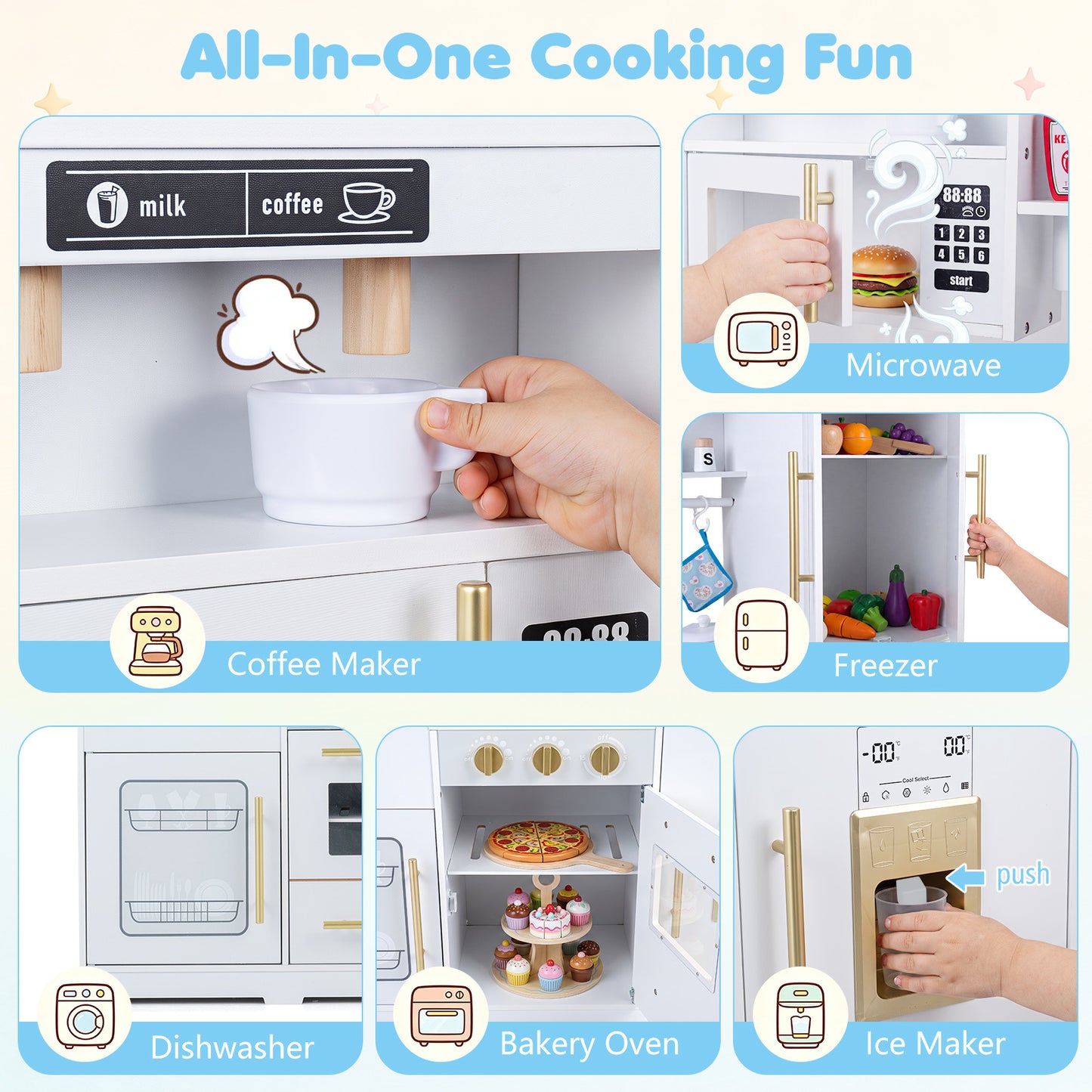 Wooden Play Kitchen for Kids with Realistic Lights and Sounds Ice Maker for Boys Girls Ages 3+-White