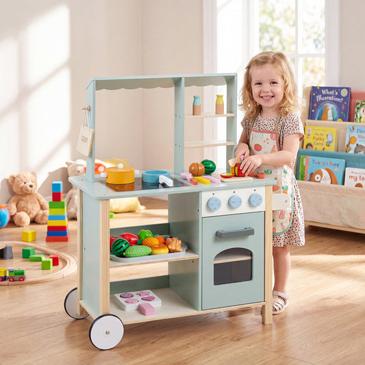 Wooden Play Kitchen with Cookware Accessories for Children 3+