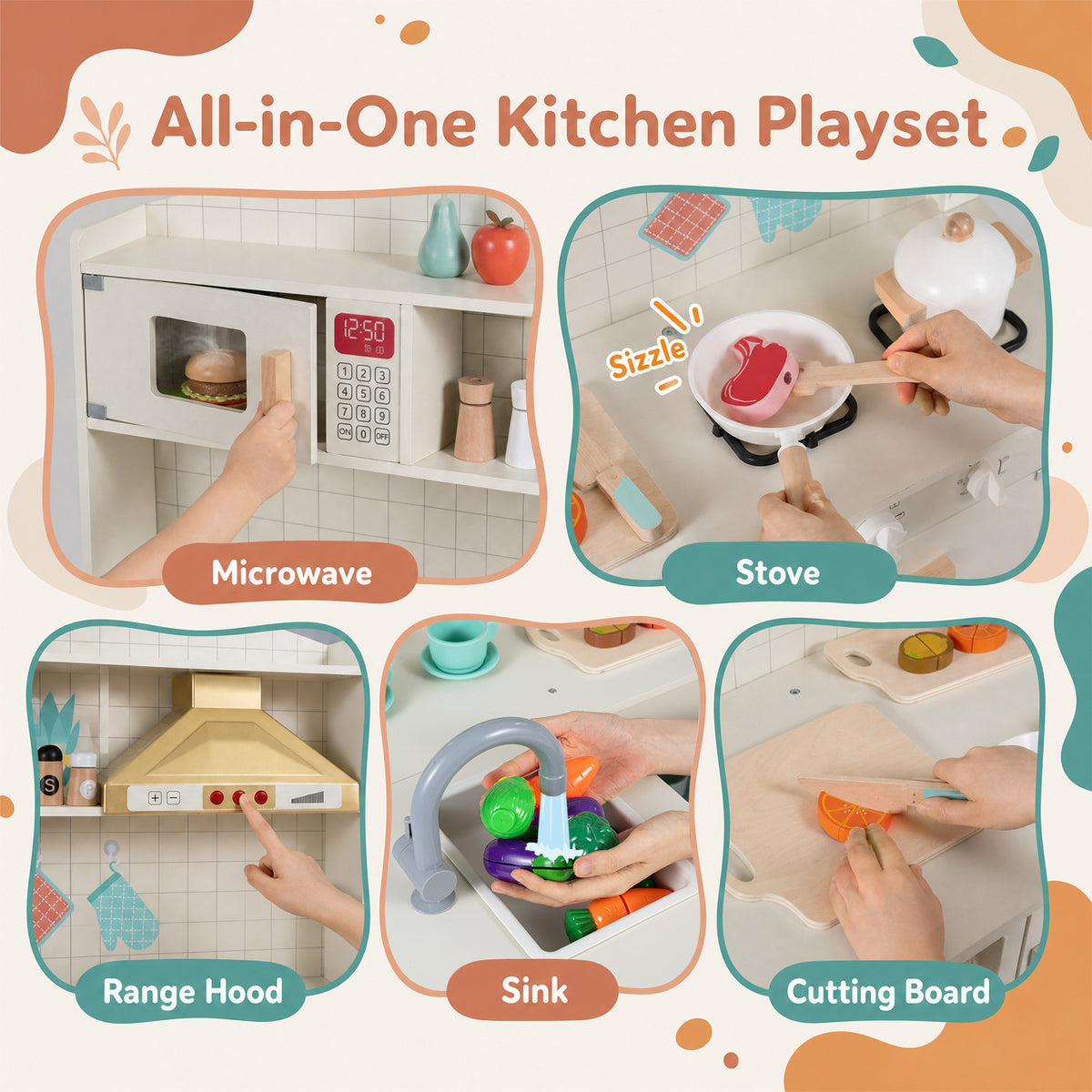 Wooden Play Kitchen with Lights and Sounds for Toddlers Ages 3+-White