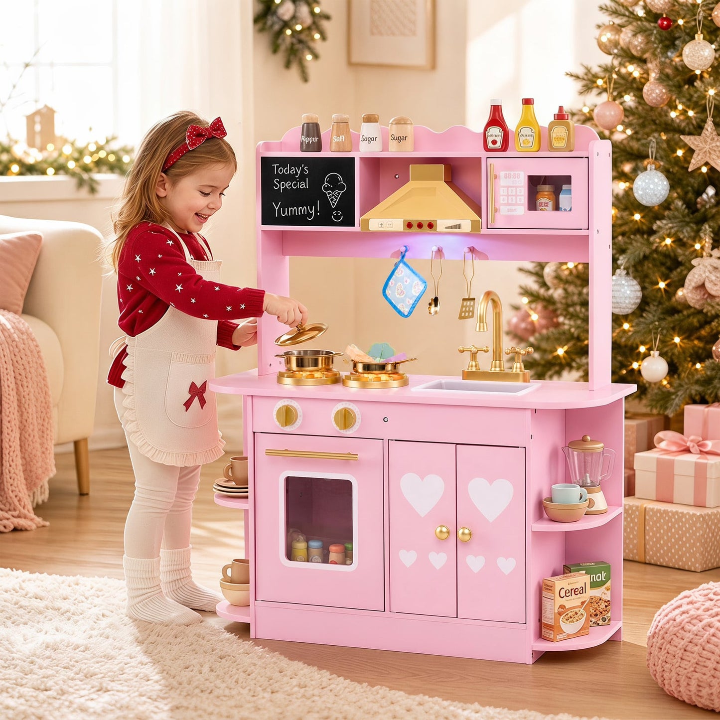 Wooden Play Kitchen with Real Lights Sounds and Storage for Kids Toddlers-Pink
