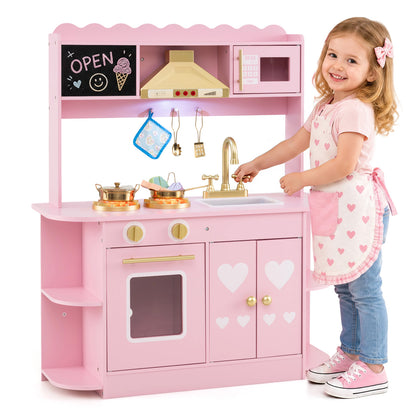 Wooden Play Kitchen with Real Lights Sounds and Storage for Kids Toddlers-Pink