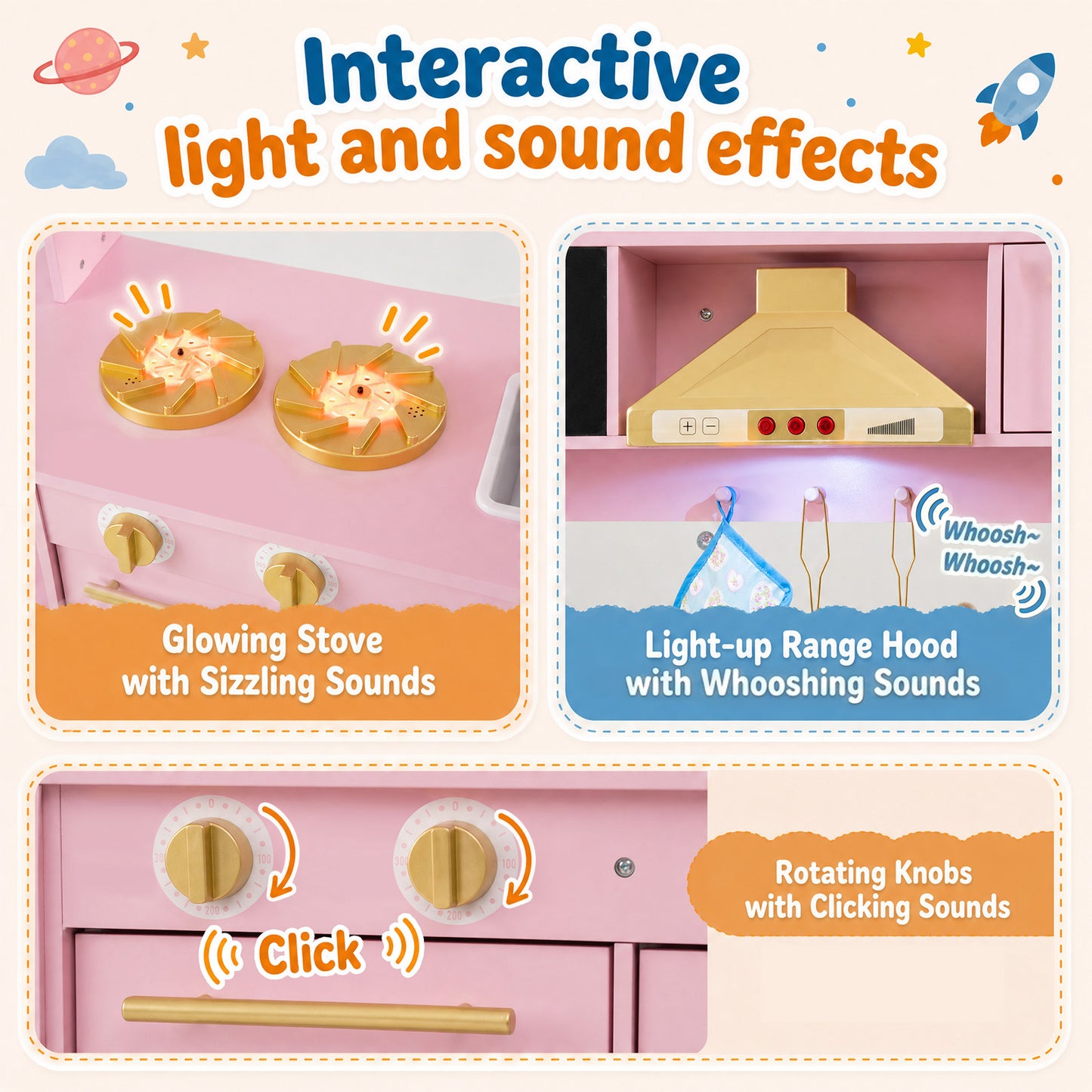 Wooden Play Kitchen with Real Lights Sounds and Storage for Kids Toddlers-Pink