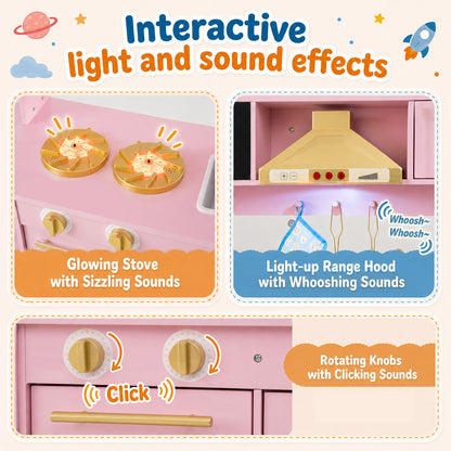 Wooden Play Kitchen with Real Lights Sounds and Storage for Kids Toddlers-Pink