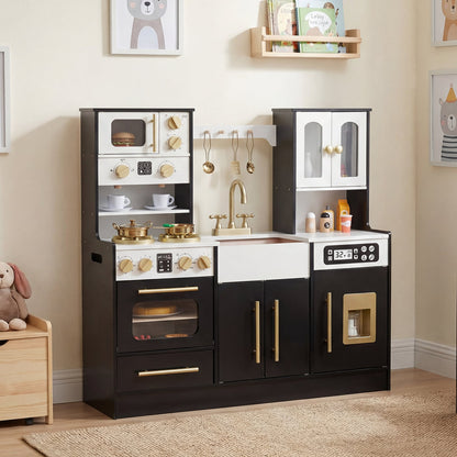 Wooden Play Kitchen with Realistic Lights and Sounds for Boys Girls 3+-Black
