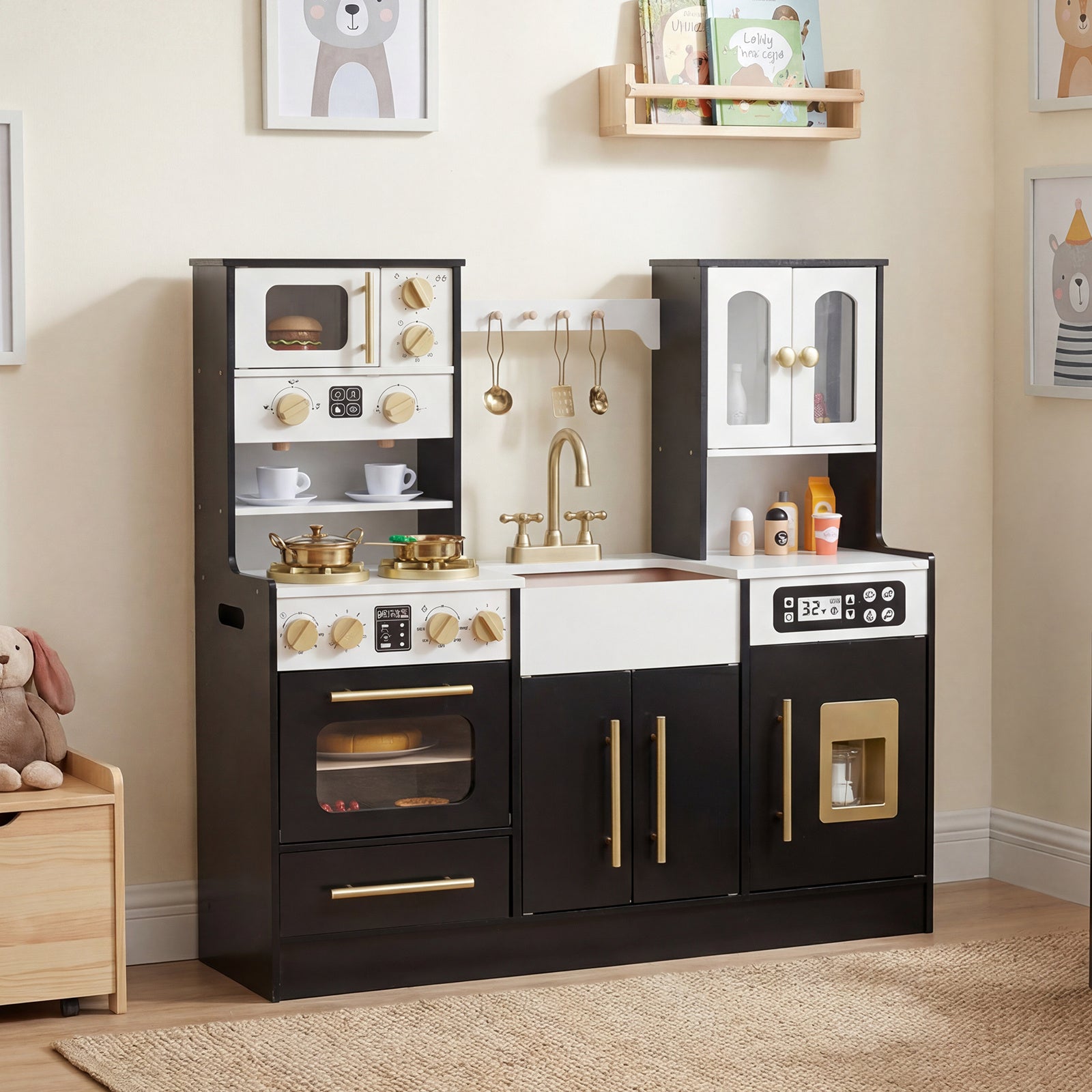 Wooden Play Kitchen with Realistic Lights and Sounds for Boys Girls 3+-Black