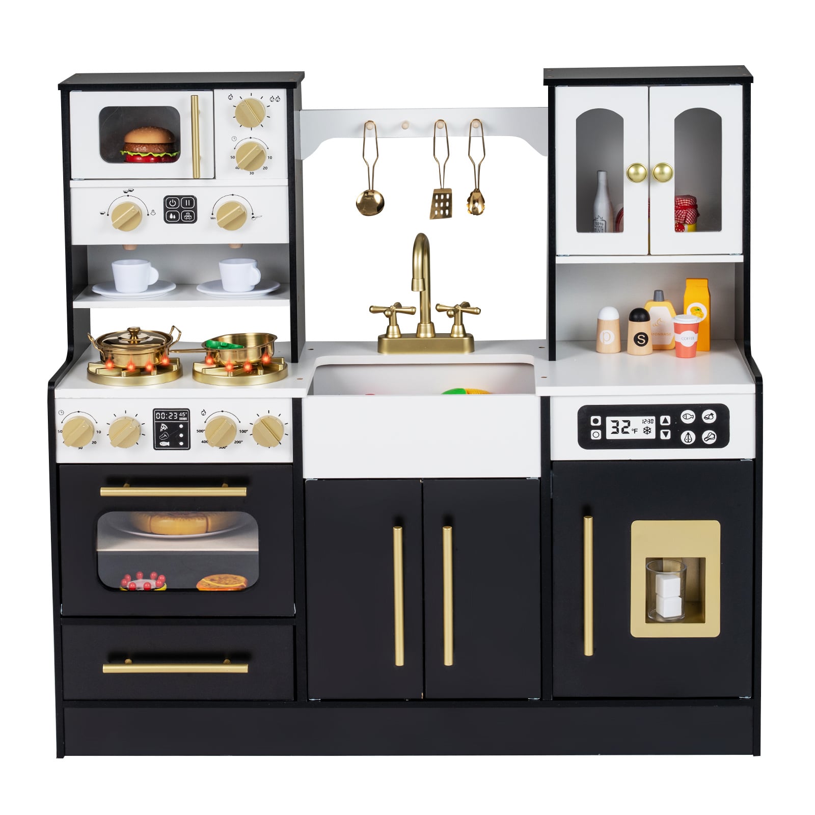 Wooden Play Kitchen with Realistic Lights and Sounds for Boys Girls 3+-Black