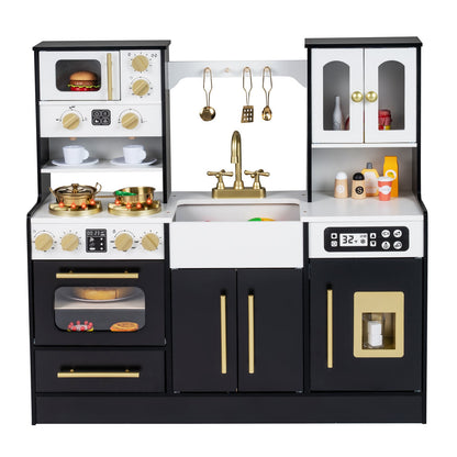 Wooden Play Kitchen with Realistic Lights and Sounds for Boys Girls 3+-Black