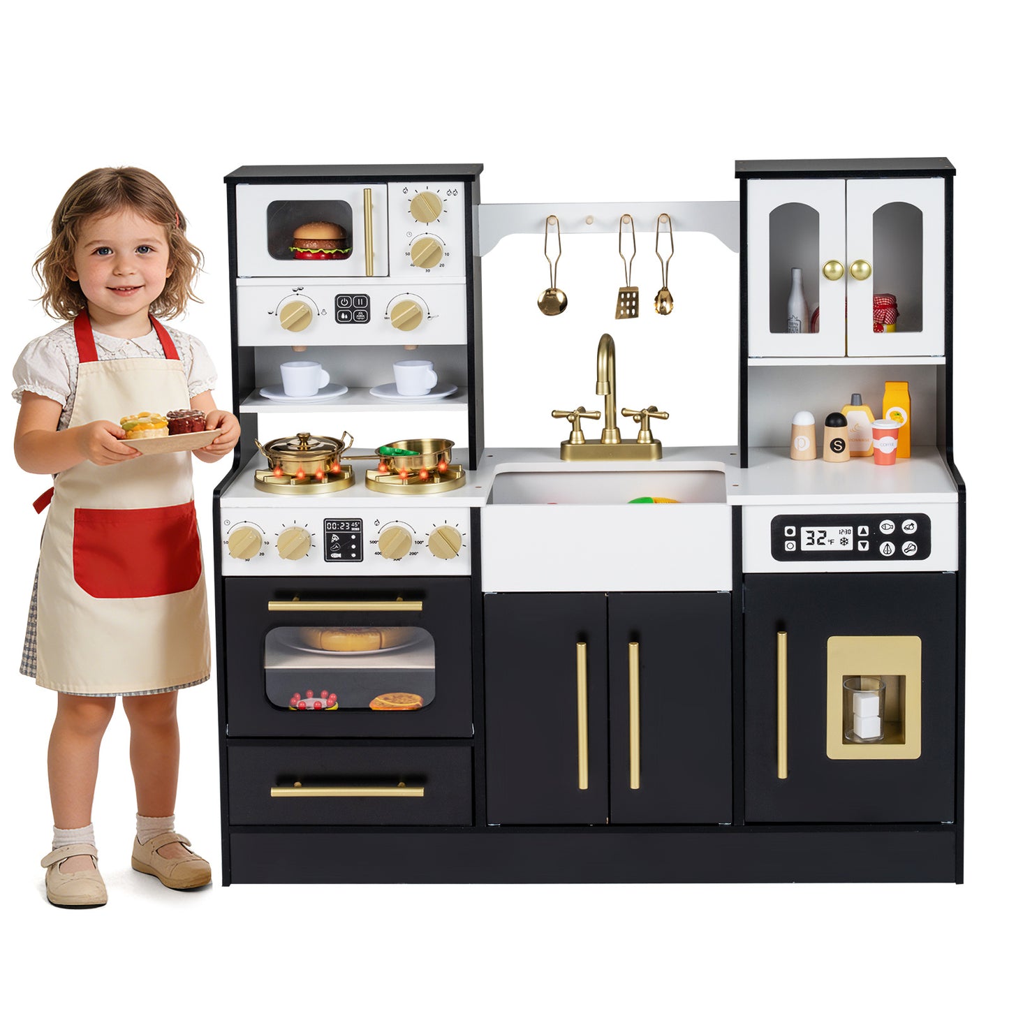 Wooden Play Kitchen with Realistic Lights and Sounds for Boys Girls 3+-Black