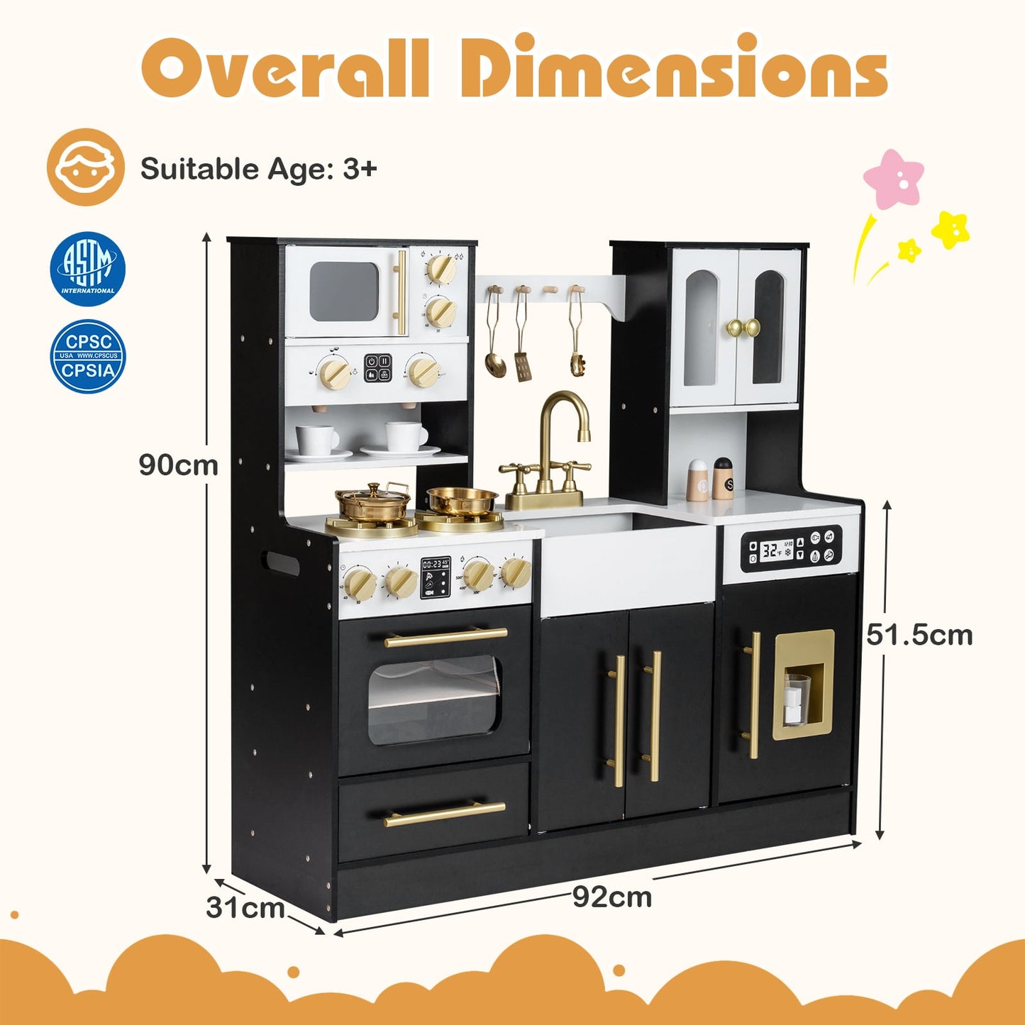Wooden Play Kitchen with Realistic Lights and Sounds for Boys Girls 3+-Black