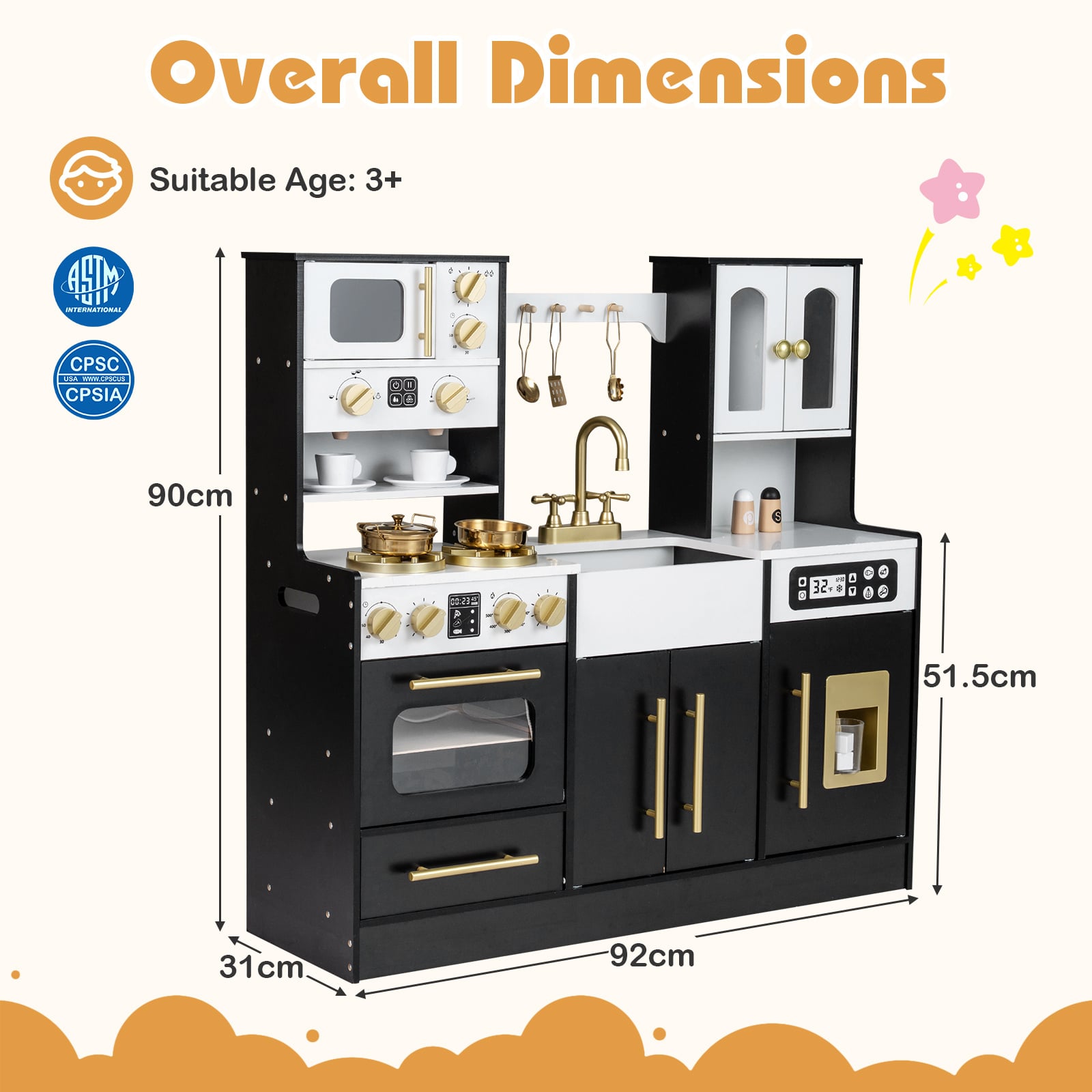 Wooden Play Kitchen with Realistic Lights and Sounds for Boys Girls 3+-Black
