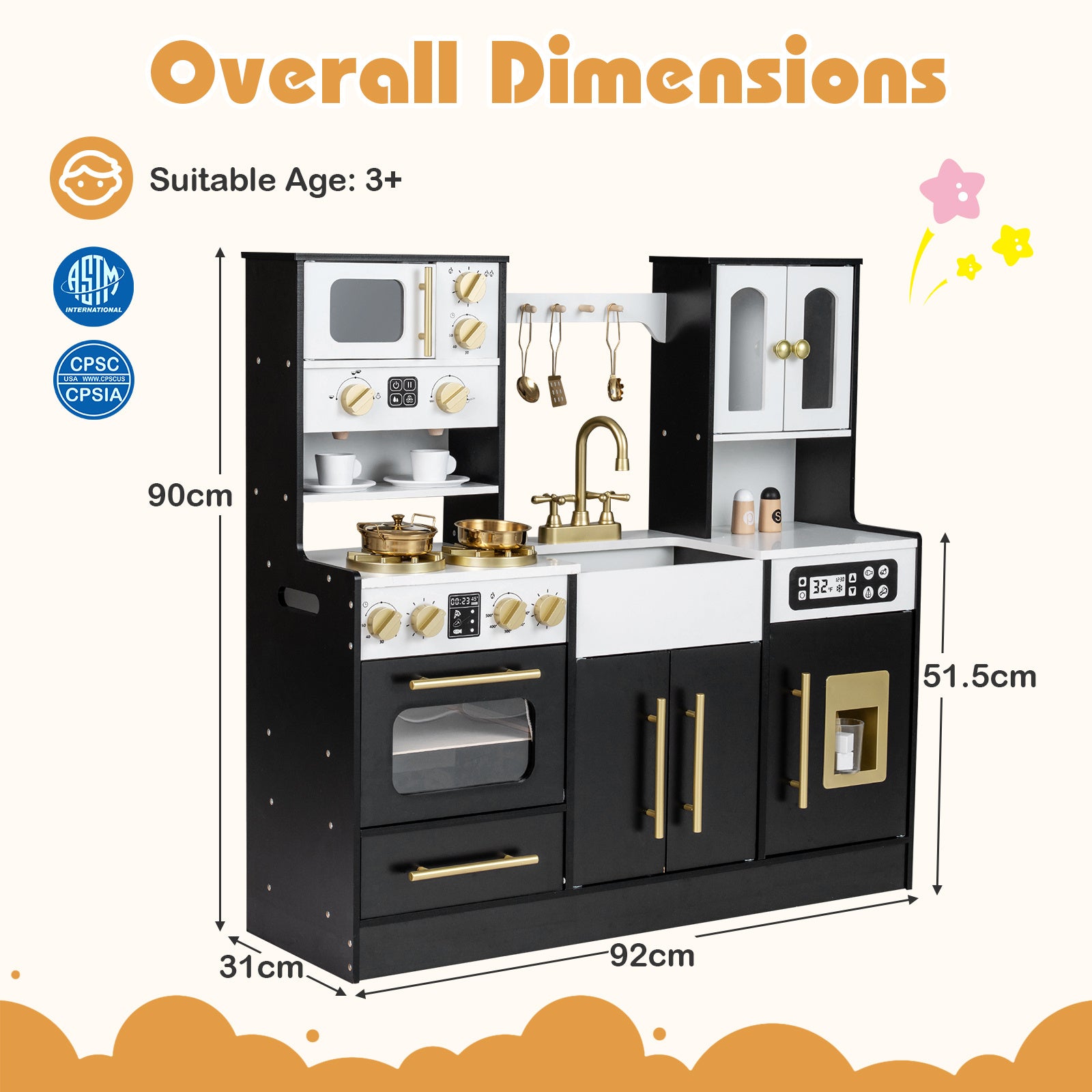 Wooden Play Kitchen with Realistic Lights and Sounds for Boys Girls 3+-Black