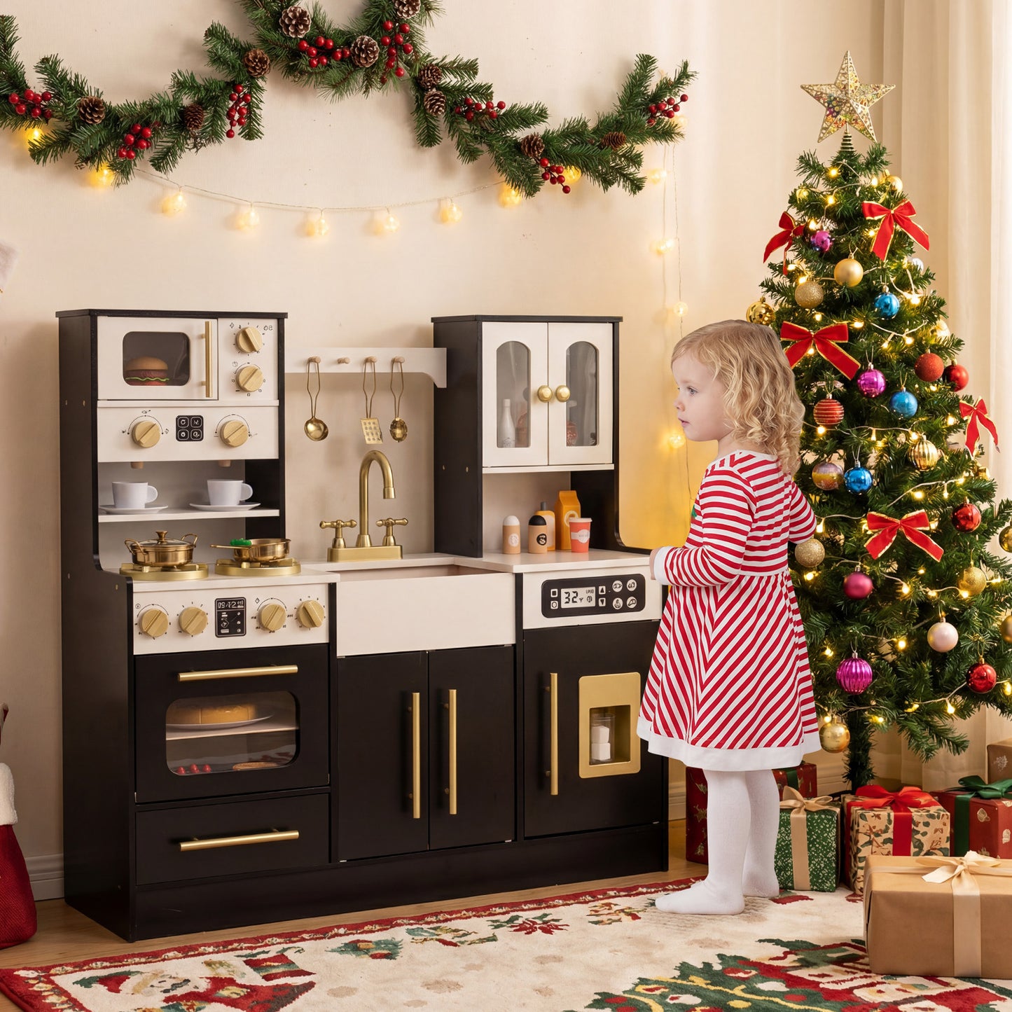 Wooden Play Kitchen with Realistic Lights and Sounds for Boys Girls 3+-Black