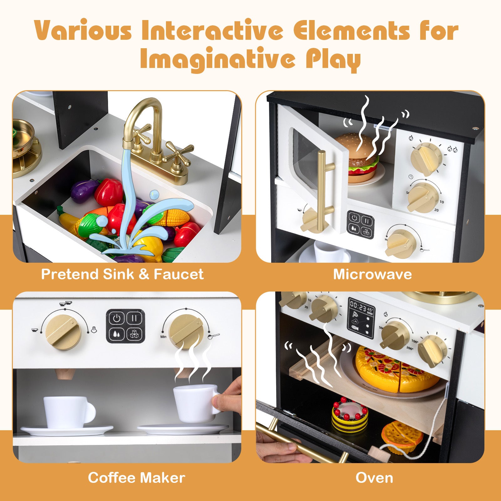 Wooden Play Kitchen with Realistic Lights and Sounds for Boys Girls 3+-Black