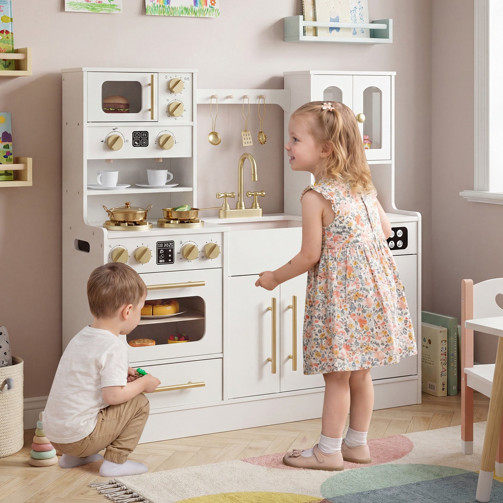 Wooden Play Kitchen with Realistic Lights and Sounds for Boys Girls 3+-White