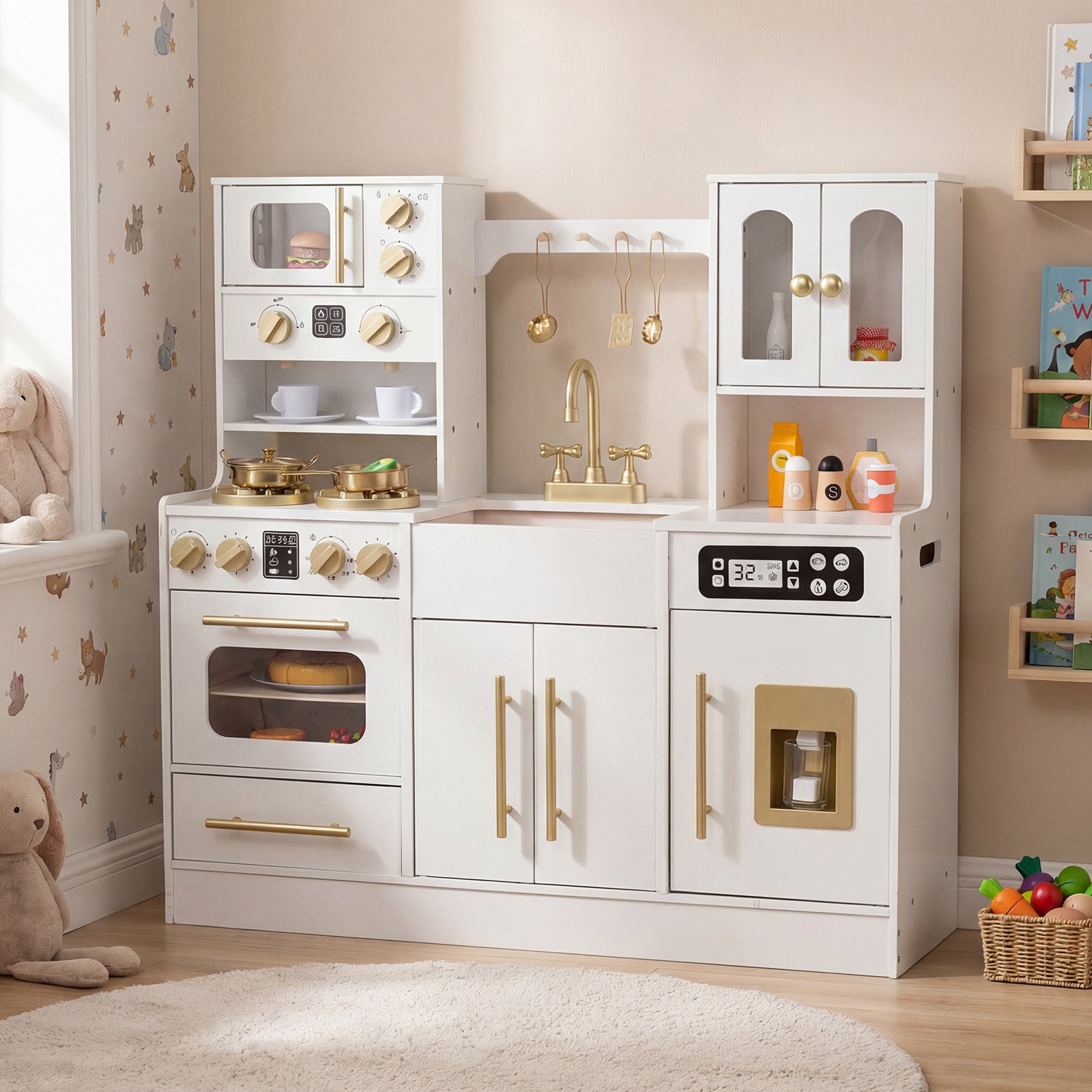 Wooden Play Kitchen with Realistic Lights and Sounds for Boys Girls 3+-White