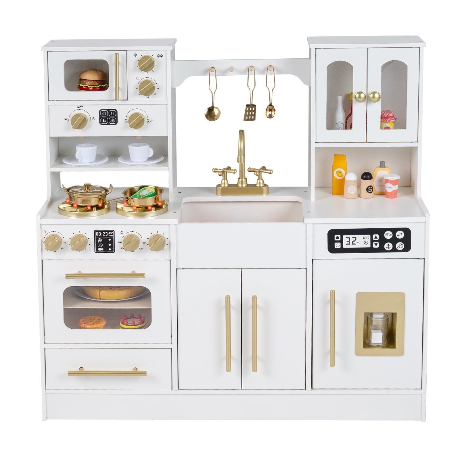 Wooden Play Kitchen with Realistic Lights and Sounds for Boys Girls 3+-White