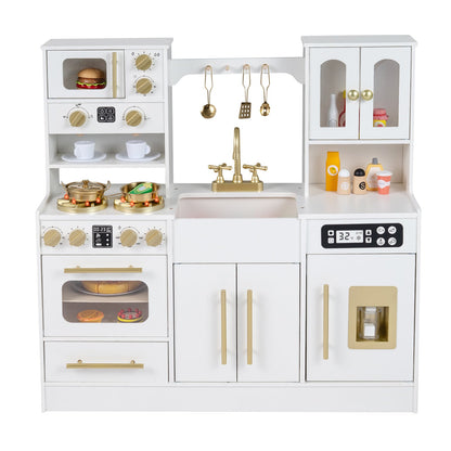 Wooden Play Kitchen with Realistic Lights and Sounds for Boys Girls 3+-White