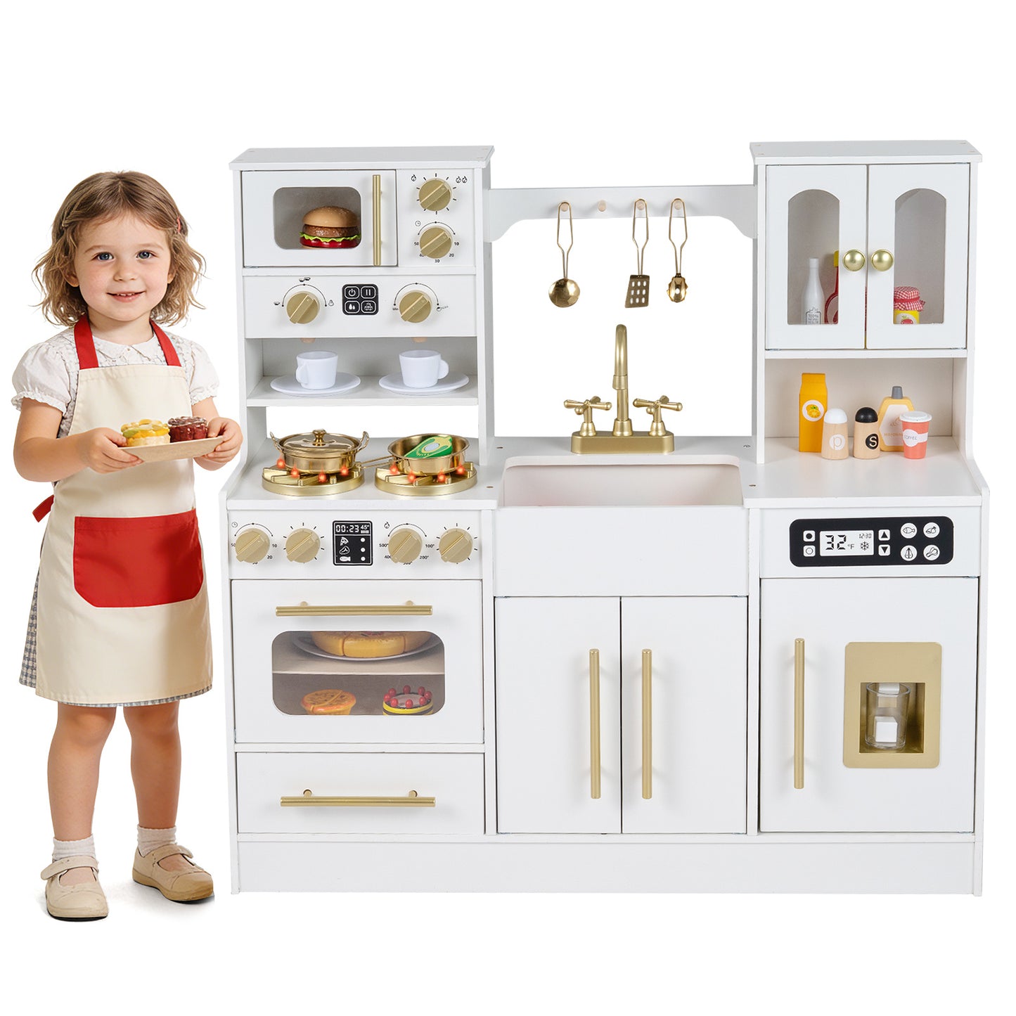 Wooden Play Kitchen with Realistic Lights and Sounds for Boys Girls 3+-White