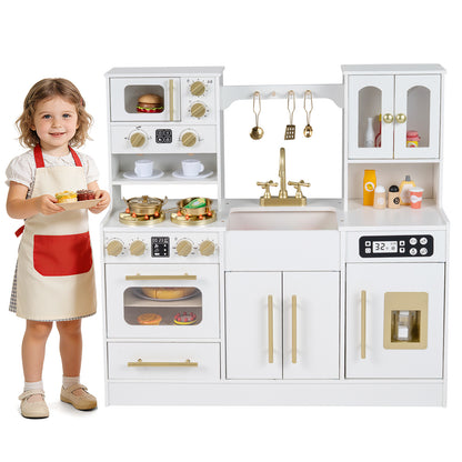 Wooden Play Kitchen with Realistic Lights and Sounds for Boys Girls 3+-White