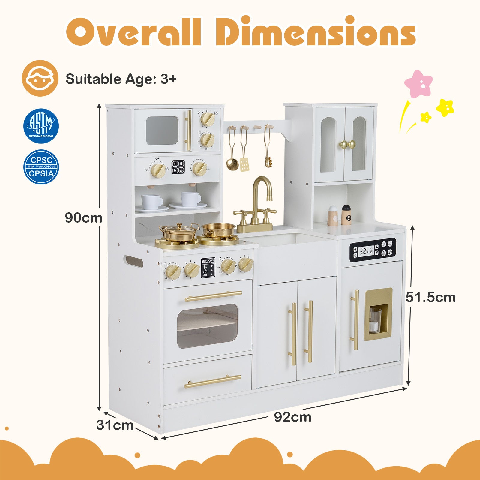 Wooden Play Kitchen with Realistic Lights and Sounds for Boys Girls 3+-White