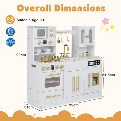 Wooden Play Kitchen with Realistic Lights and Sounds for Boys Girls 3+-White